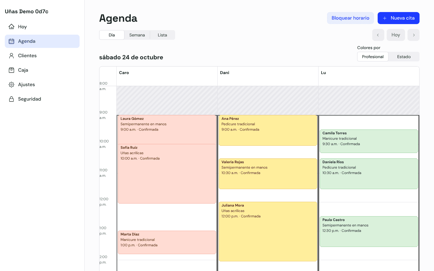Captura de la agenda de Agenda Amiga con citas de un salón de uñas
